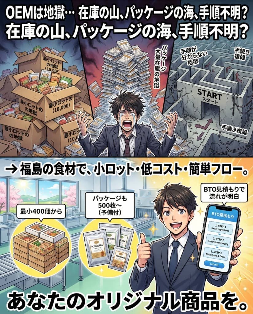 OEMは地獄?福島の食材で小ロット・低コスト・簡単フロー